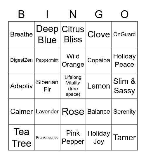 doTERRA Essential Oils Bingo Card
