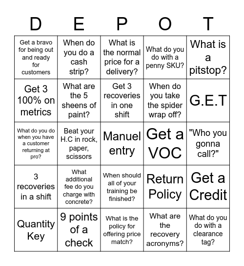 Home Depot Bingo Card