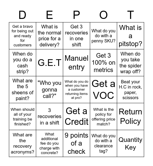 Home Depot Bingo Card