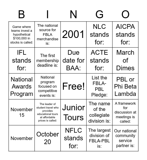 FBLA Programs Bingo Card