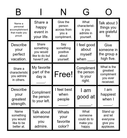 Self-Esteem BINGO Card