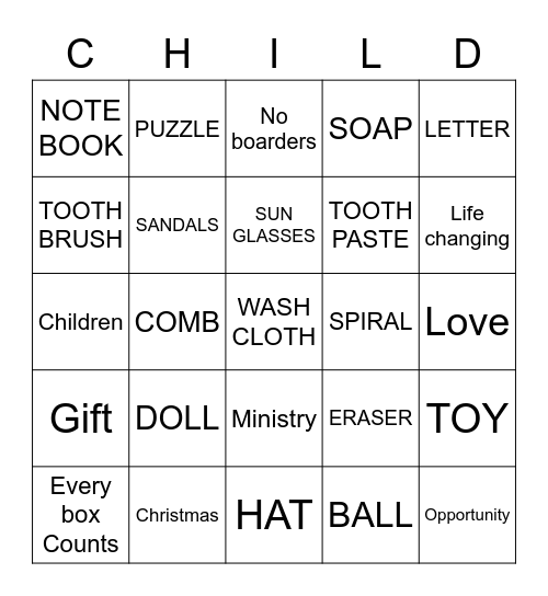 OPERATION CHRISTMAS CHILD Bingo Card