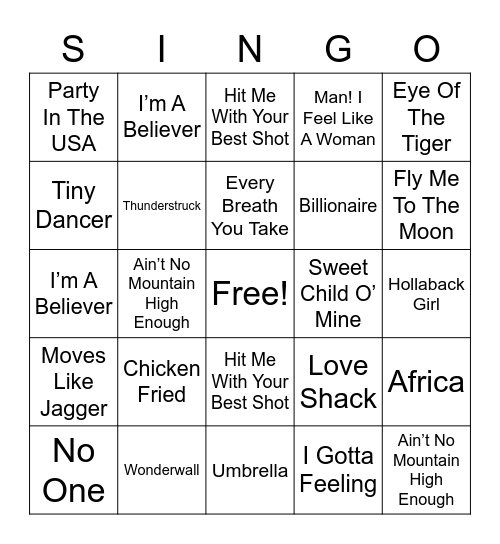 Singo! Bingo Card