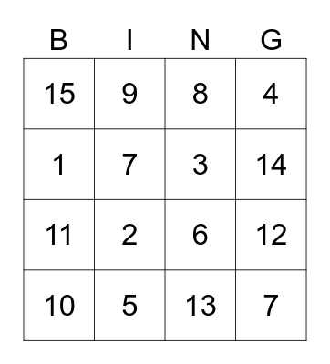 Number Bingo Card