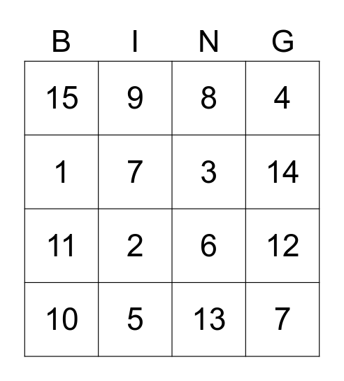Number Bingo Card