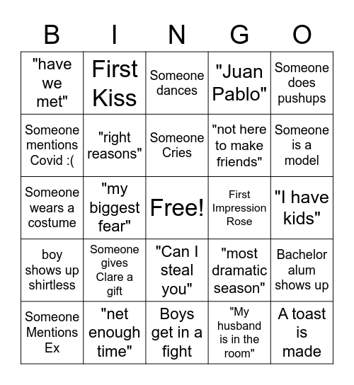 Chi Omega Bachelorette Bingo! Bingo Card