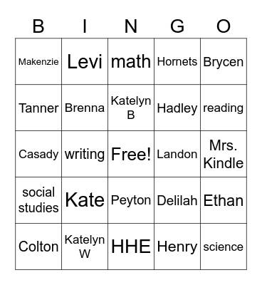 Mrs. Kindle's 3rd Grade Class Bingo Card