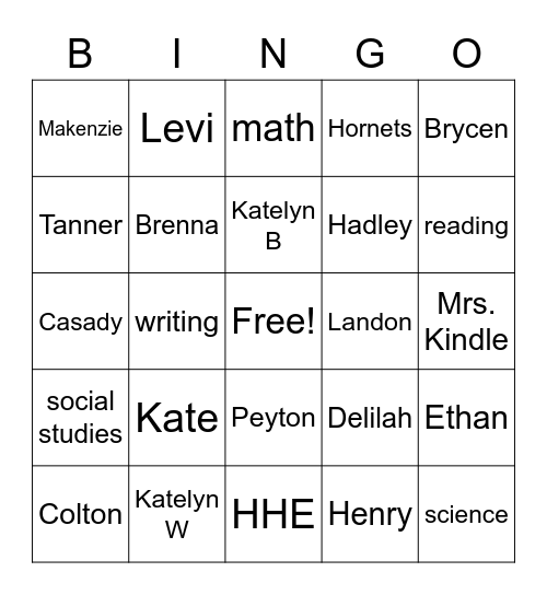 Mrs. Kindle's 3rd Grade Class Bingo Card
