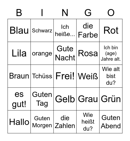 German Greetings Numbers and Colors Bingo Card