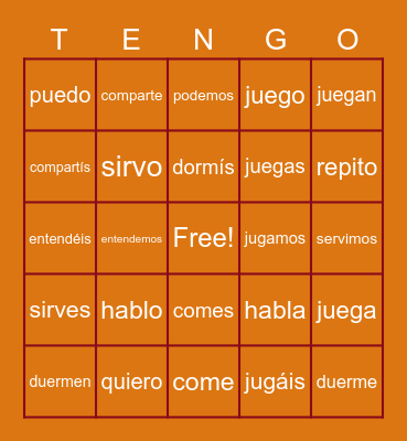 Boot Verbs! Bingo Card