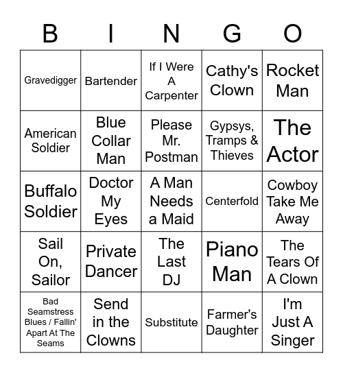 Songs With An Occupation In The Title Bingo Card