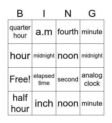 Time Vocabulary Bingo Card