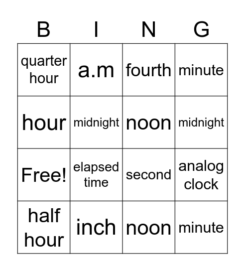 Time Vocabulary Bingo Card