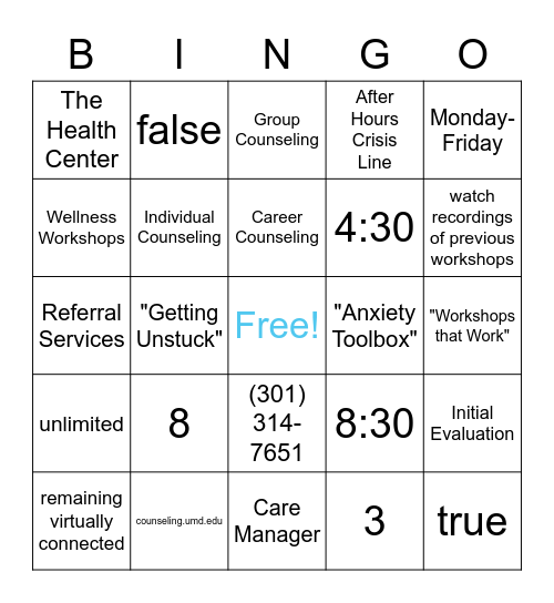 Mental Health Resources Bingo Card