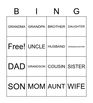 Family Vocabulary Bingo Card