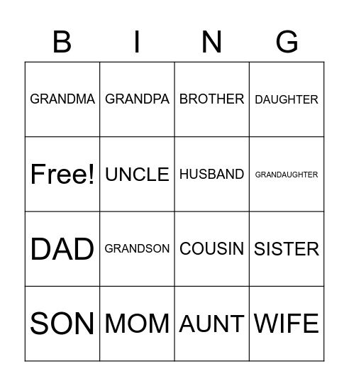 Family Vocabulary Bingo Card