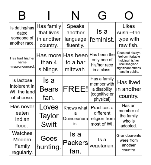 Diversity/Multicultural Bingo Card