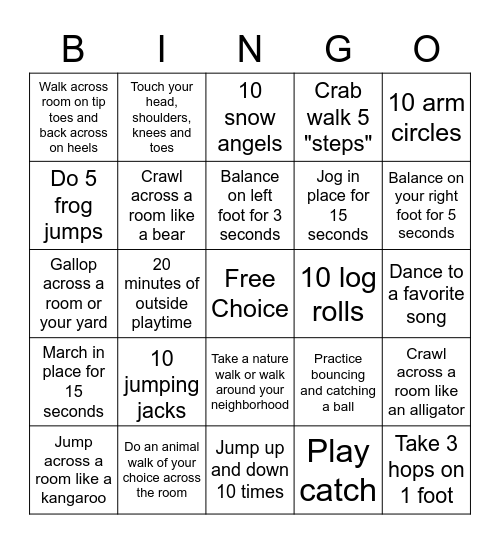 Body Movement Bingo Card