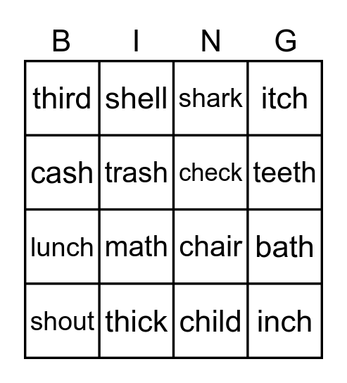 Ch-, Th-, & Sh- Words Bingo Card