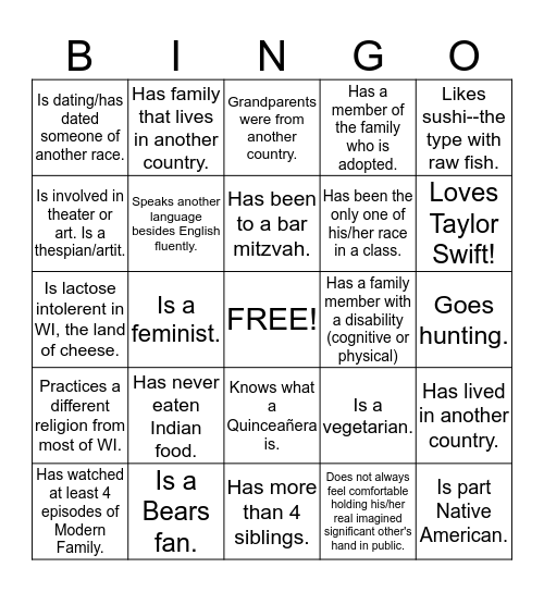 Diversity/Multicultural Bingo Card