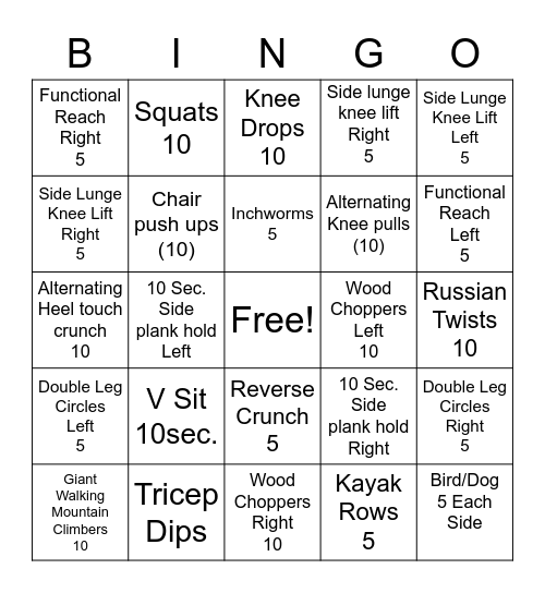 Indoor Fitness Bingo Card