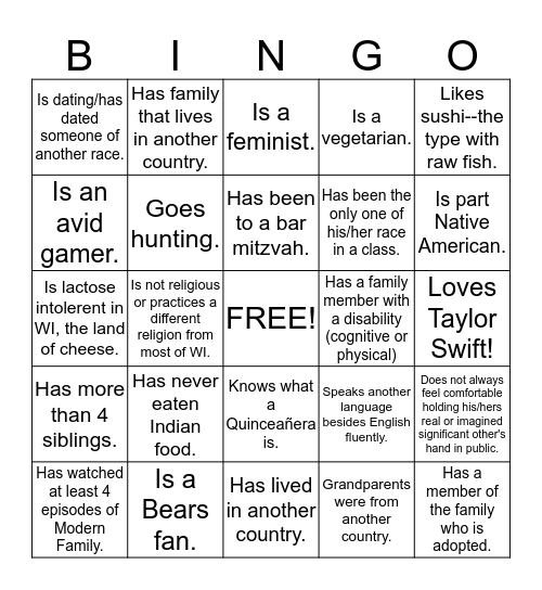 Diversity/Multicultural Bingo Card