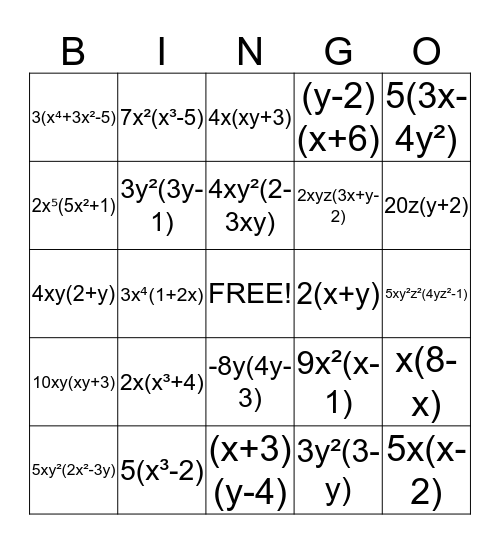 Factoring GCF Bingo Card
