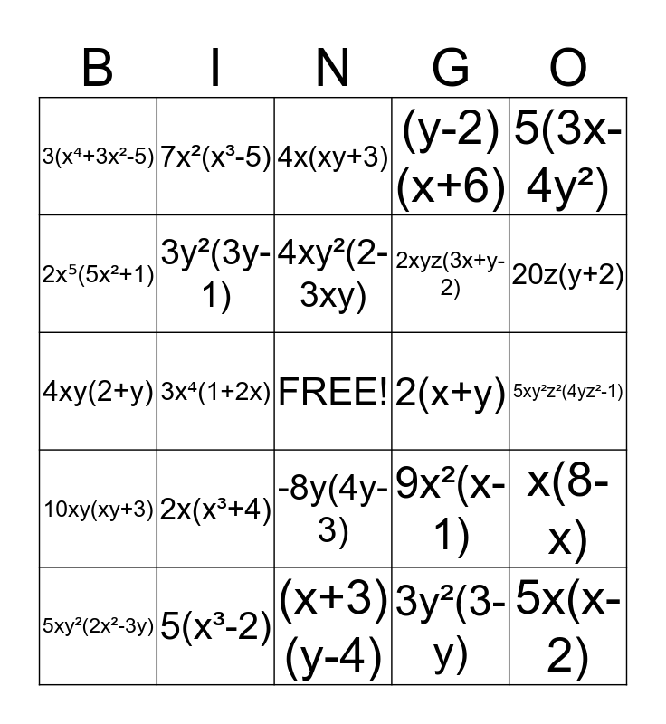 Factoring Gcf Bingo Card