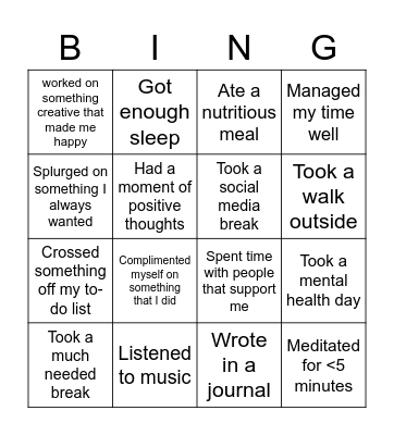 Self Awareness Bingo Card