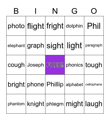 Consonant digraph gh and ph Bingo Card