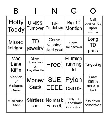 UMiss vs. Arkansas Bingo Card