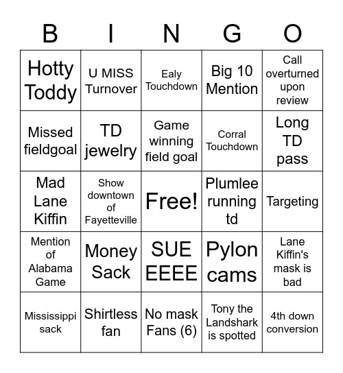 UMiss vs. Arkansas Bingo Card