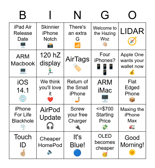Apple Oct 2020 Announcement Bingo Card