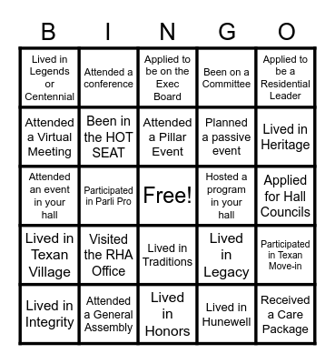 RHA Bingo Card