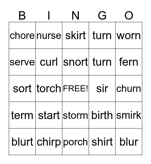 ar, er, ir, or, ur    Words Bingo Card