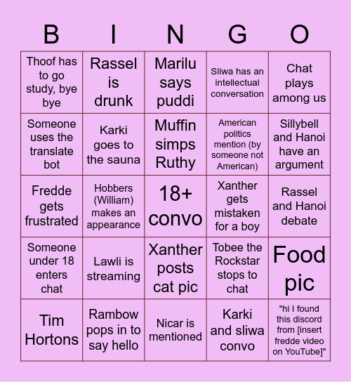 Gina's FG Discord Bingo Card