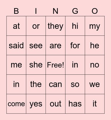 Sight Words Bingo Card