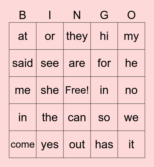 Sight Words Bingo Card
