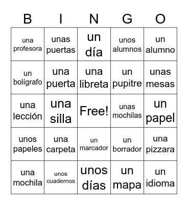 Spanish indirect articles school supplies Bingo Card