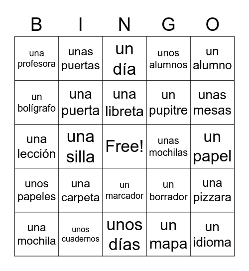 Spanish indirect articles school supplies Bingo Card