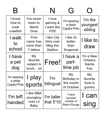 Capitol High Back to Campus BINGO Card