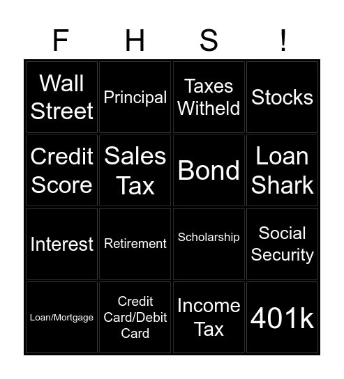 Fenway Personal Finance Bingo Card