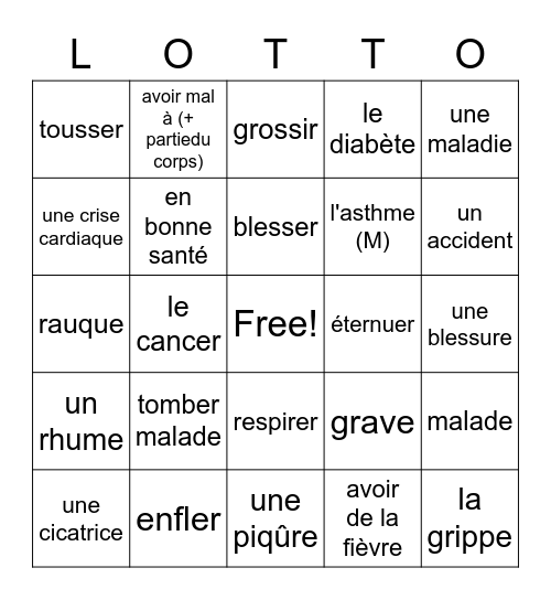 French Unit 7 Bingo Card