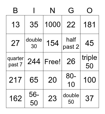 Kaili's Maths Bingo Card