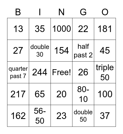 Kaili's Maths Bingo Card