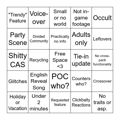 Sims 4 I'm Not Mad Just Disappointed Bingo Card