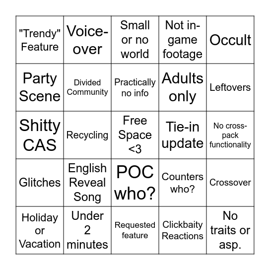 Sims 4 I'm Not Mad Just Disappointed Bingo Card