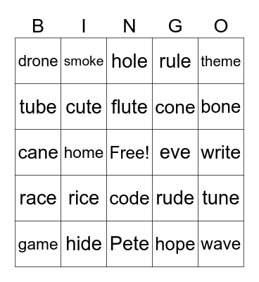 Magic E Bingo Card