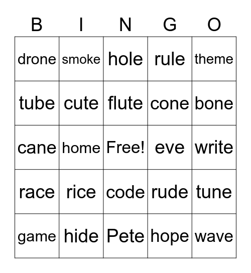 Magic E Bingo Card