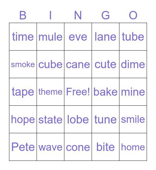 Magic E Bingo Card